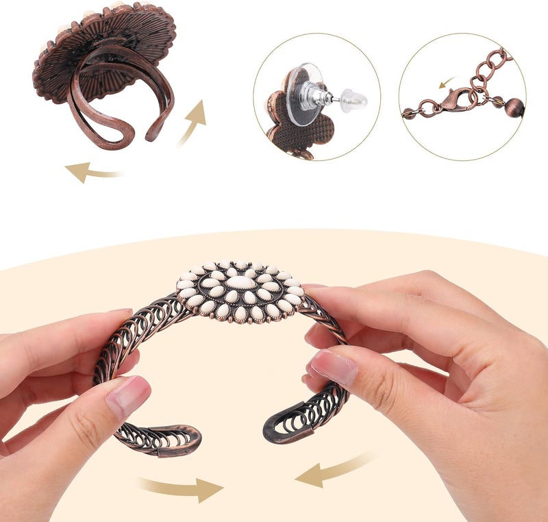 JMScape 4 PCS Western Turquoise Jewelry for Women Boho Vintage Navajo Pearl Necklace Earring Bracelet Ring Set Country Cowgirl Accessories for Gift - Image 5